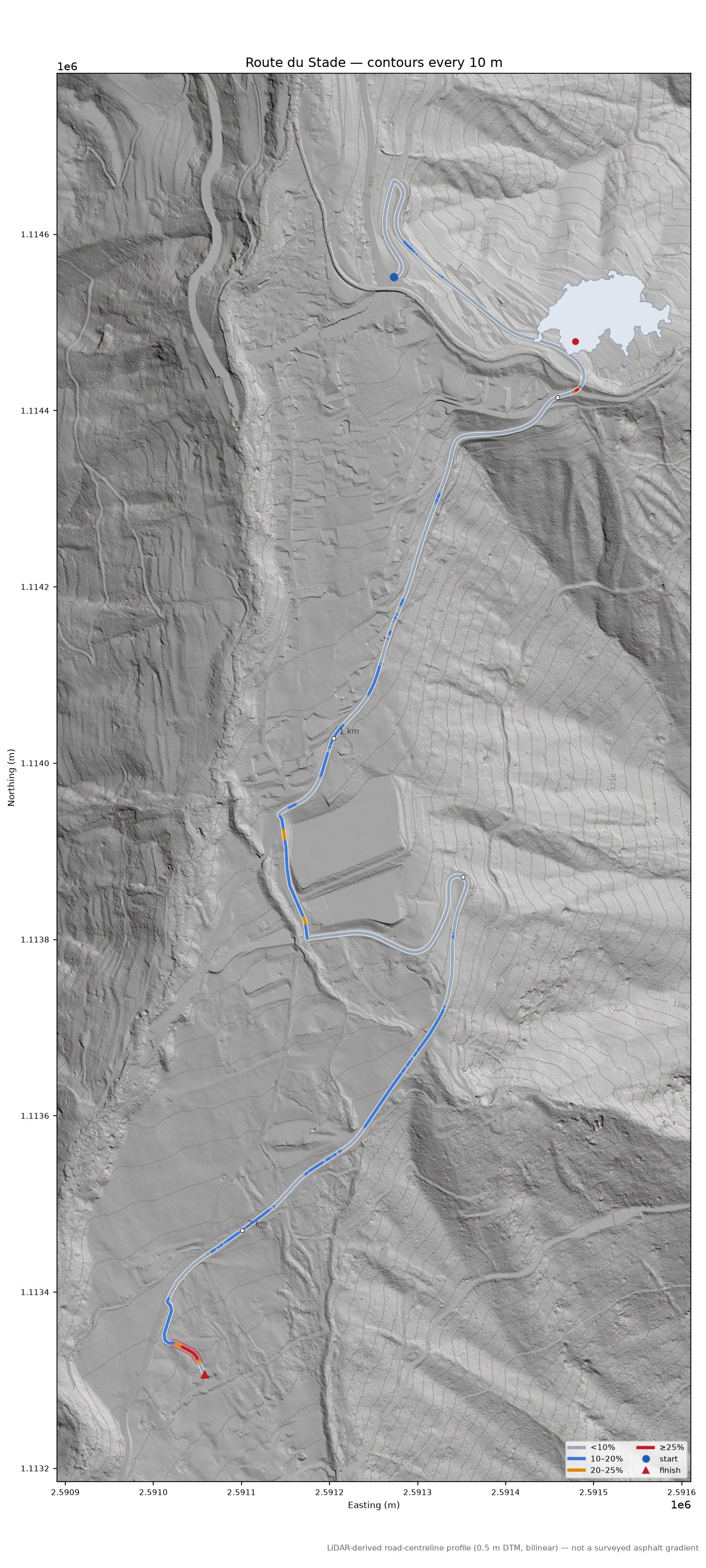 Route du Stade LiDAR hillshade map with contours