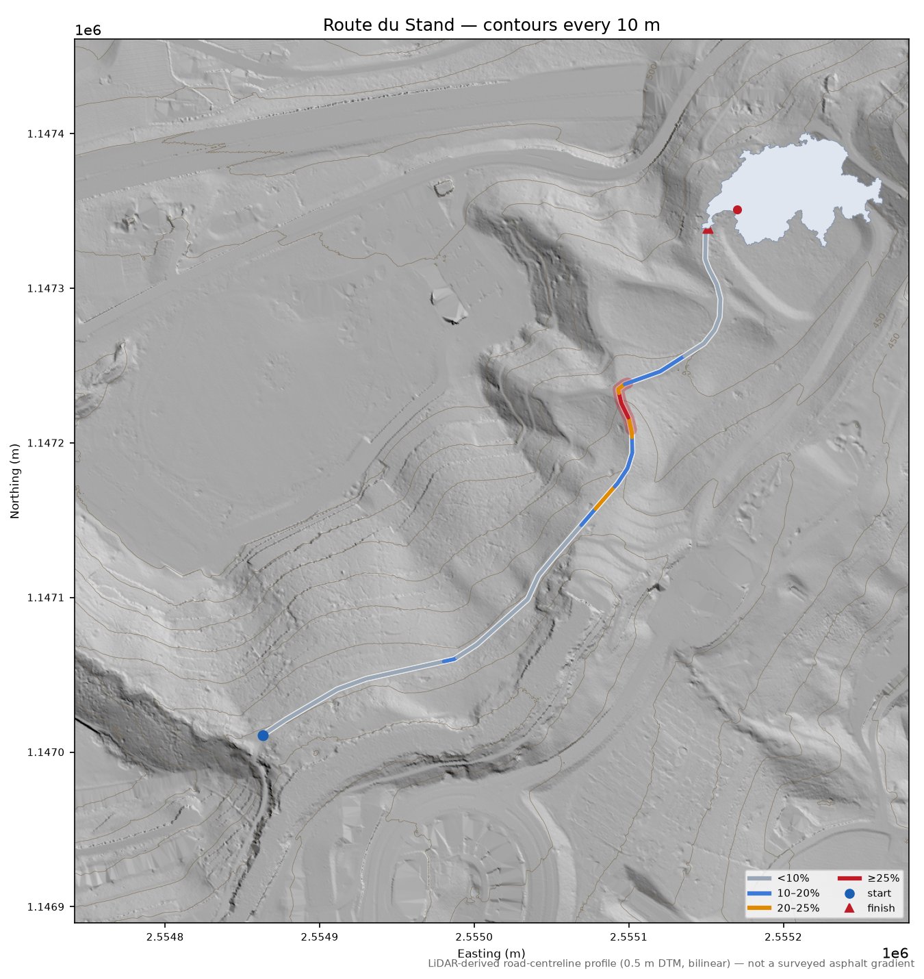 Route du Stand LiDAR hillshade map with contours