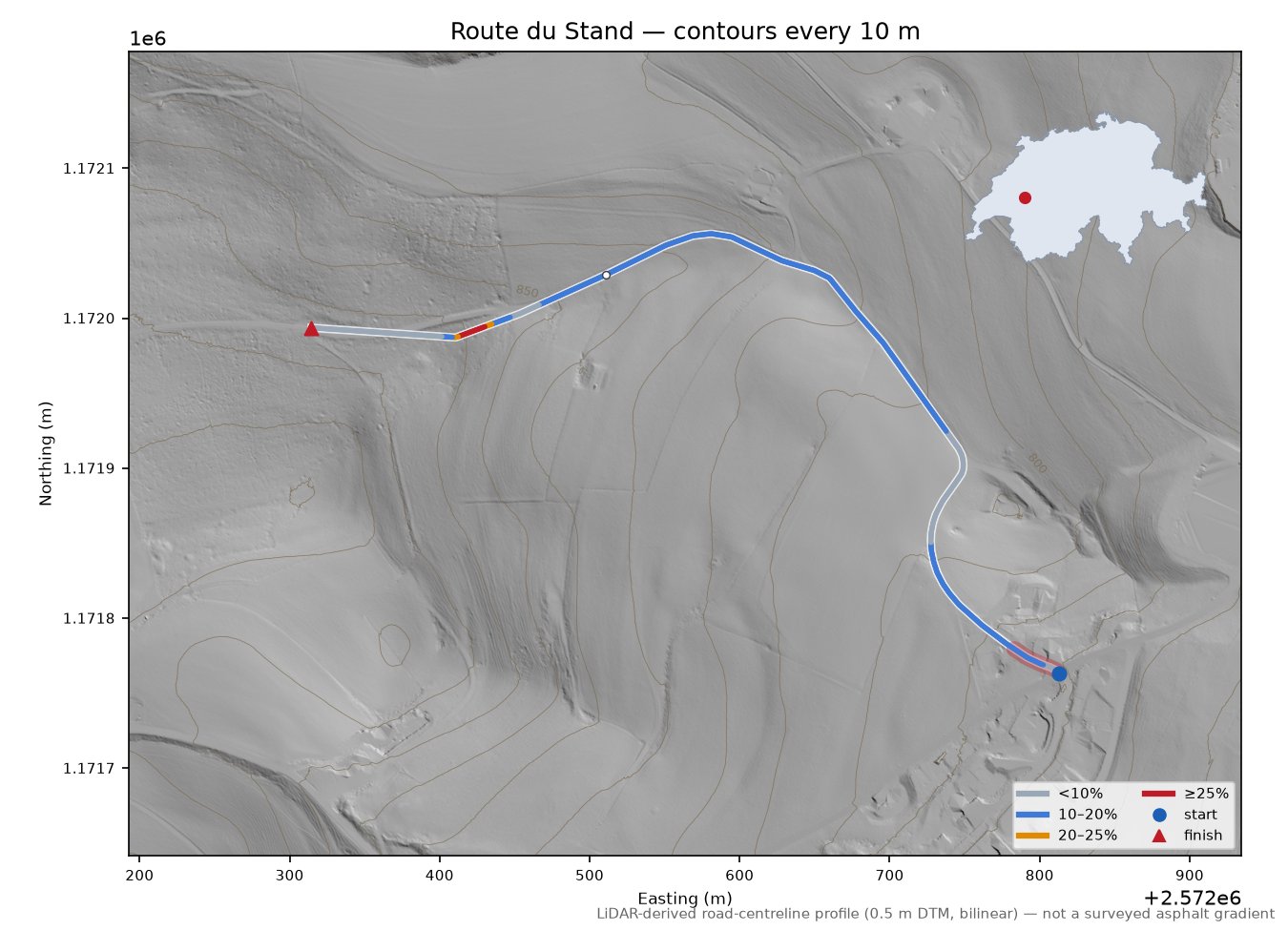 Route du Stand LiDAR hillshade map with contours
