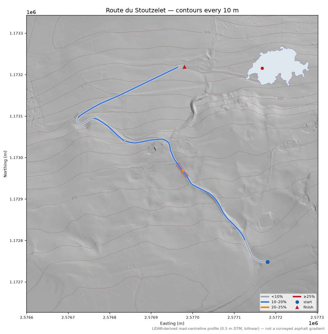 Route du Stoutzelet LiDAR hillshade map with contours