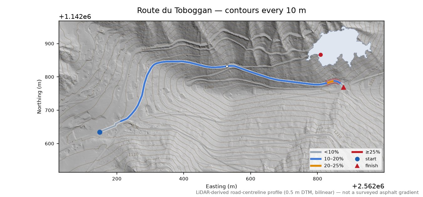 Route du Toboggan LiDAR hillshade map with contours