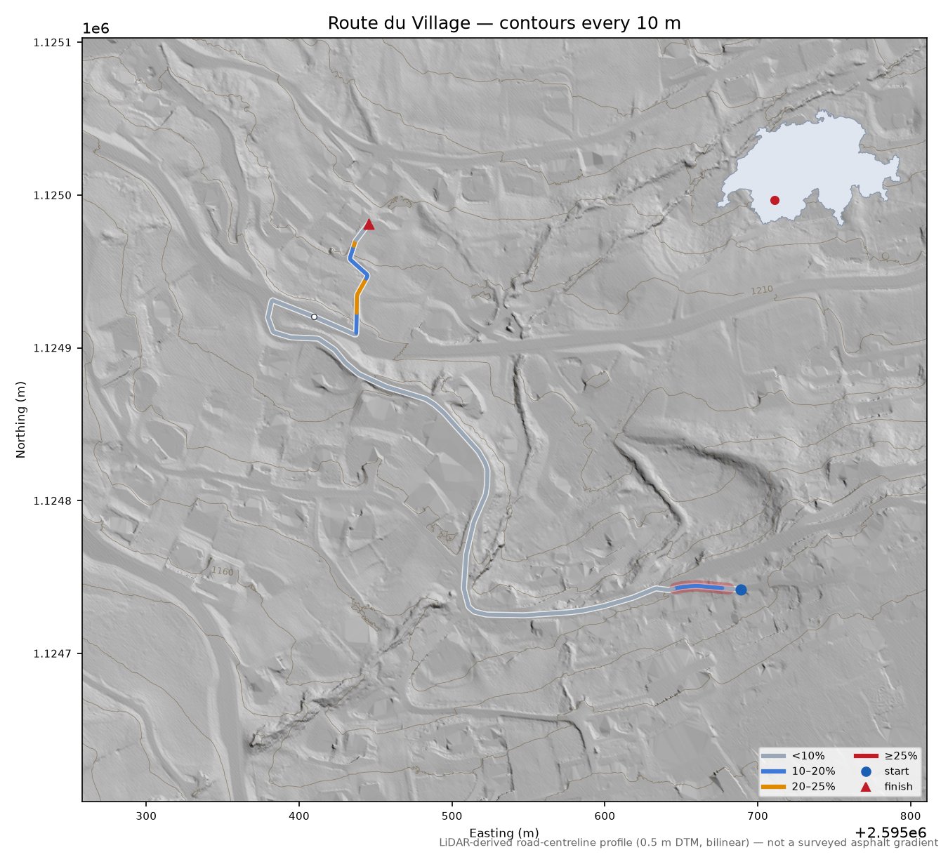 Route du Village LiDAR hillshade map with contours