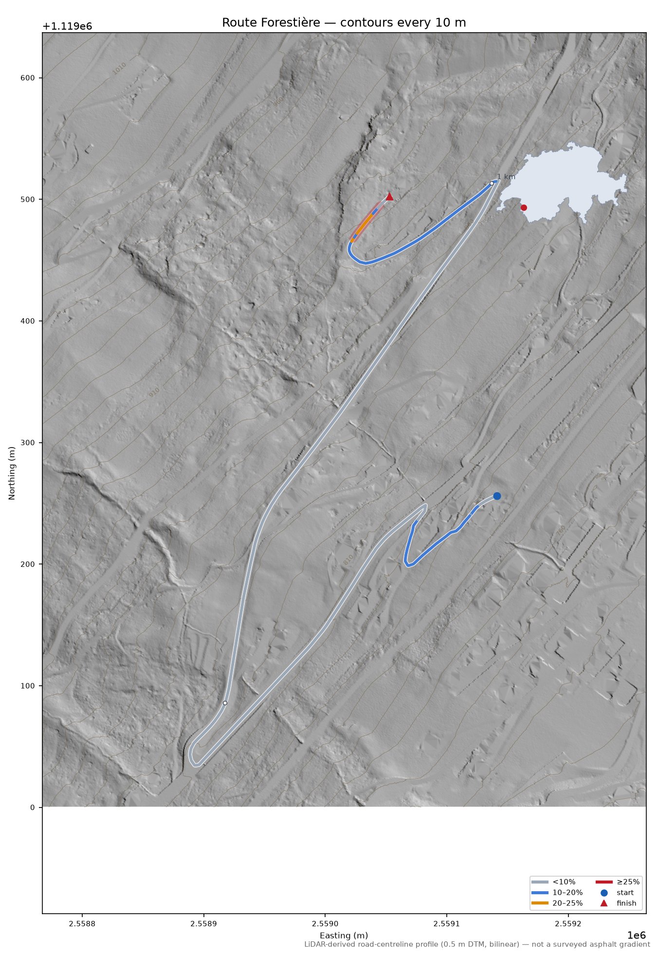 Route Forestière LiDAR hillshade map with contours