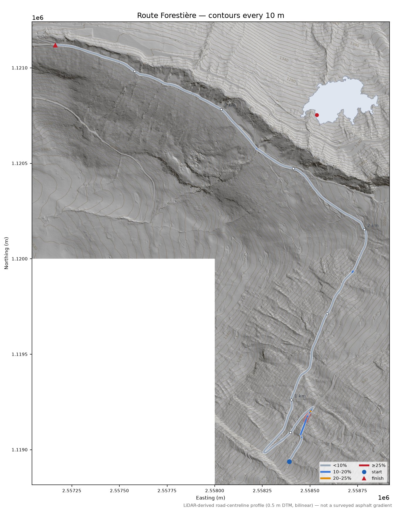 Route Forestière LiDAR hillshade map with contours