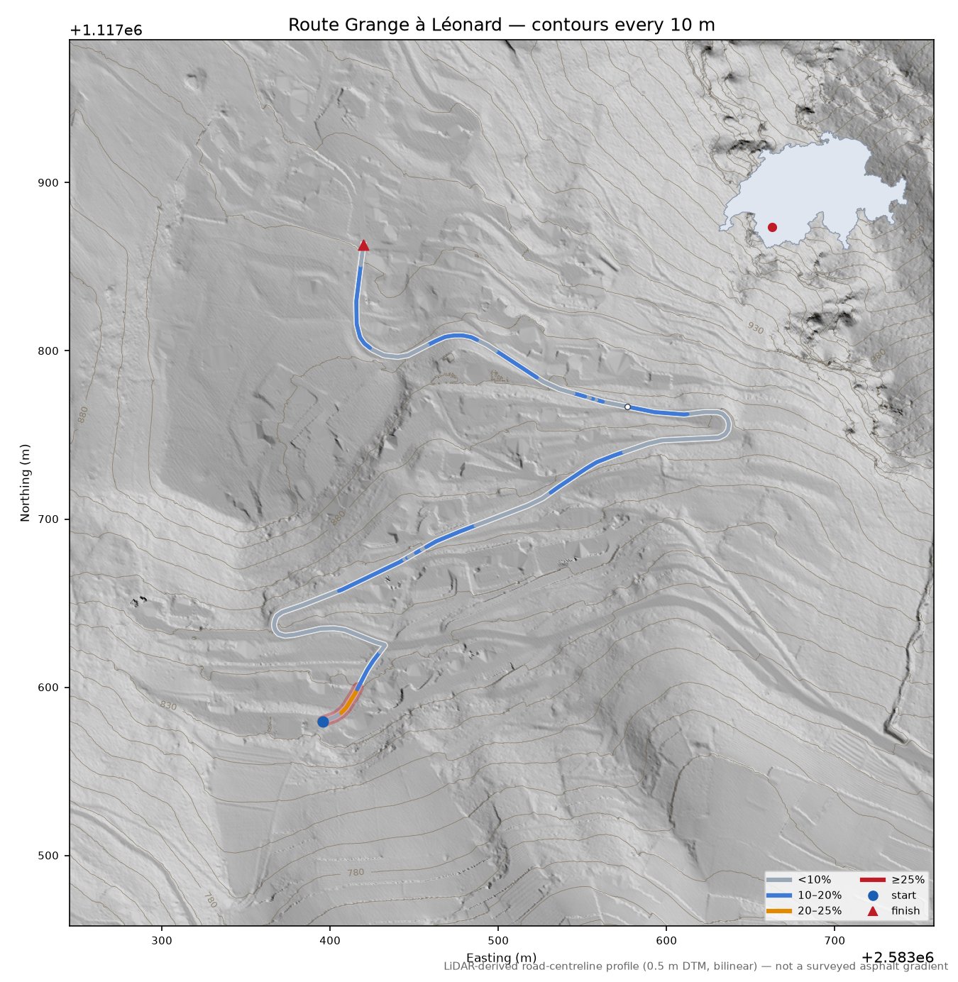 Route Grange à Léonard LiDAR hillshade map with contours