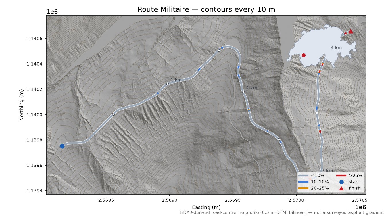 Route Militaire LiDAR hillshade map with contours