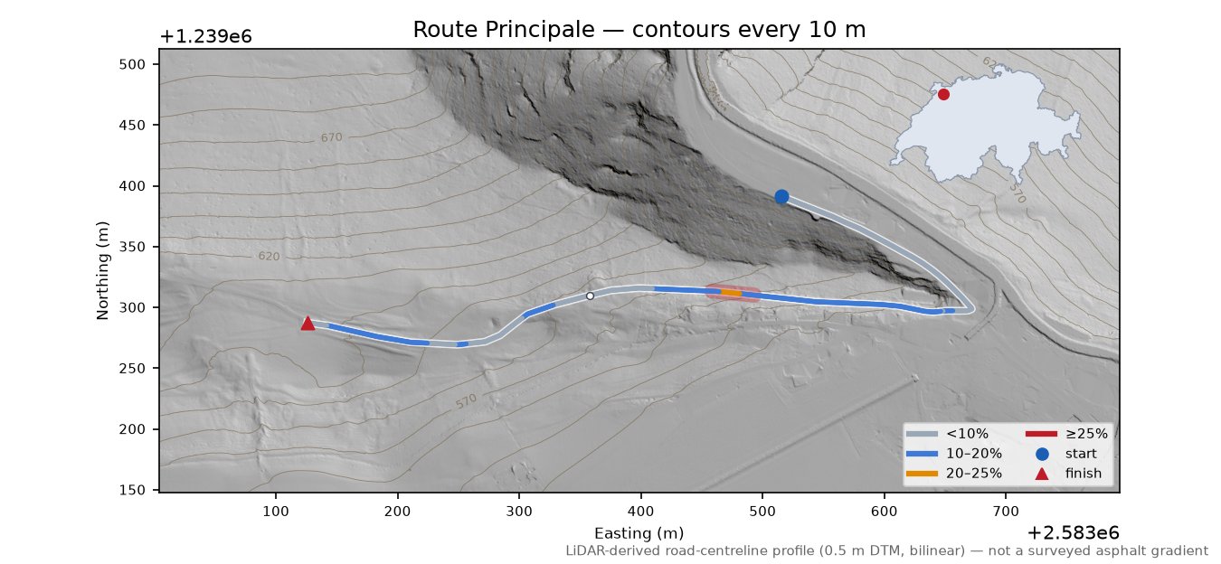 Route Principale LiDAR hillshade map with contours