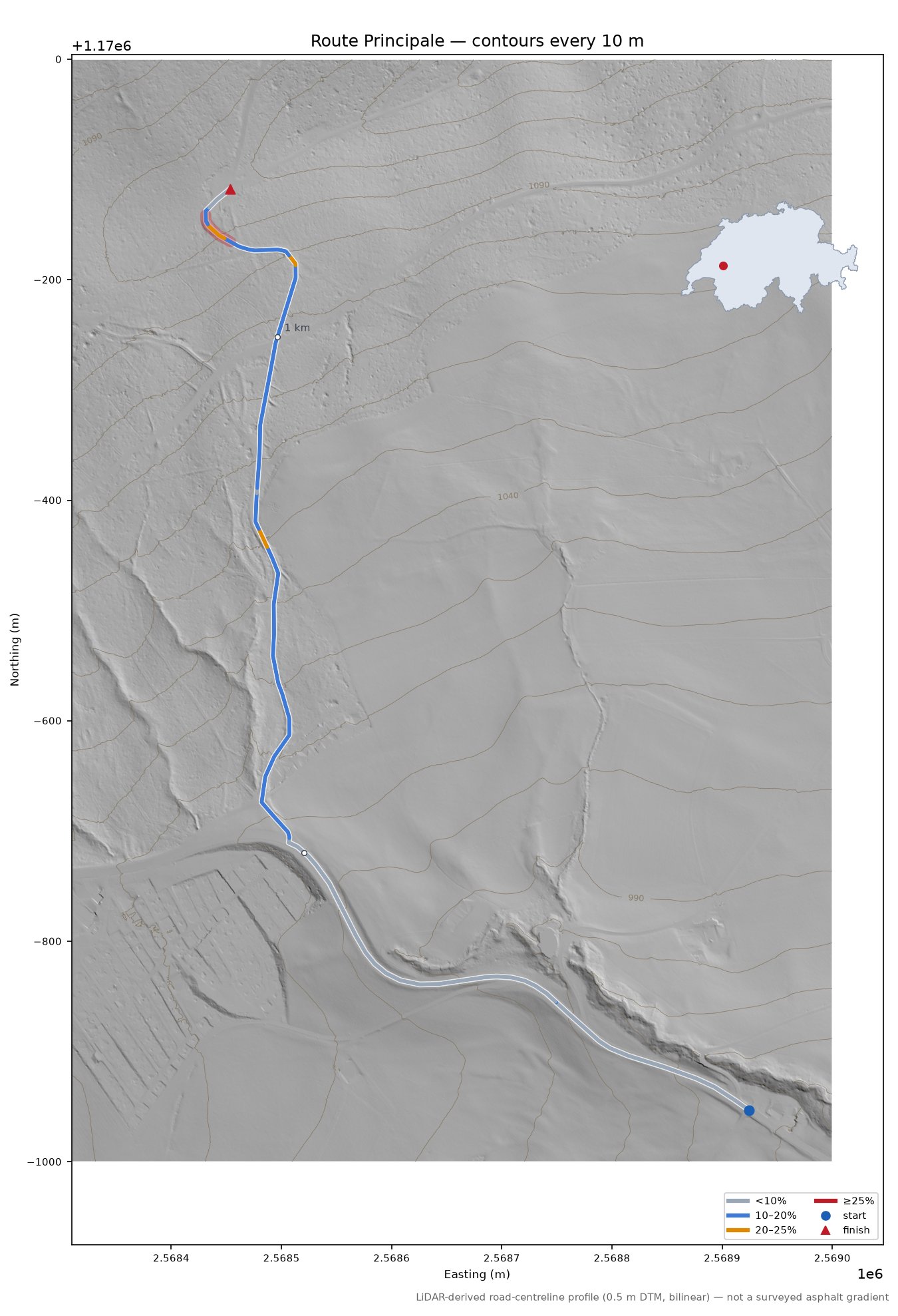Route Principale LiDAR hillshade map with contours