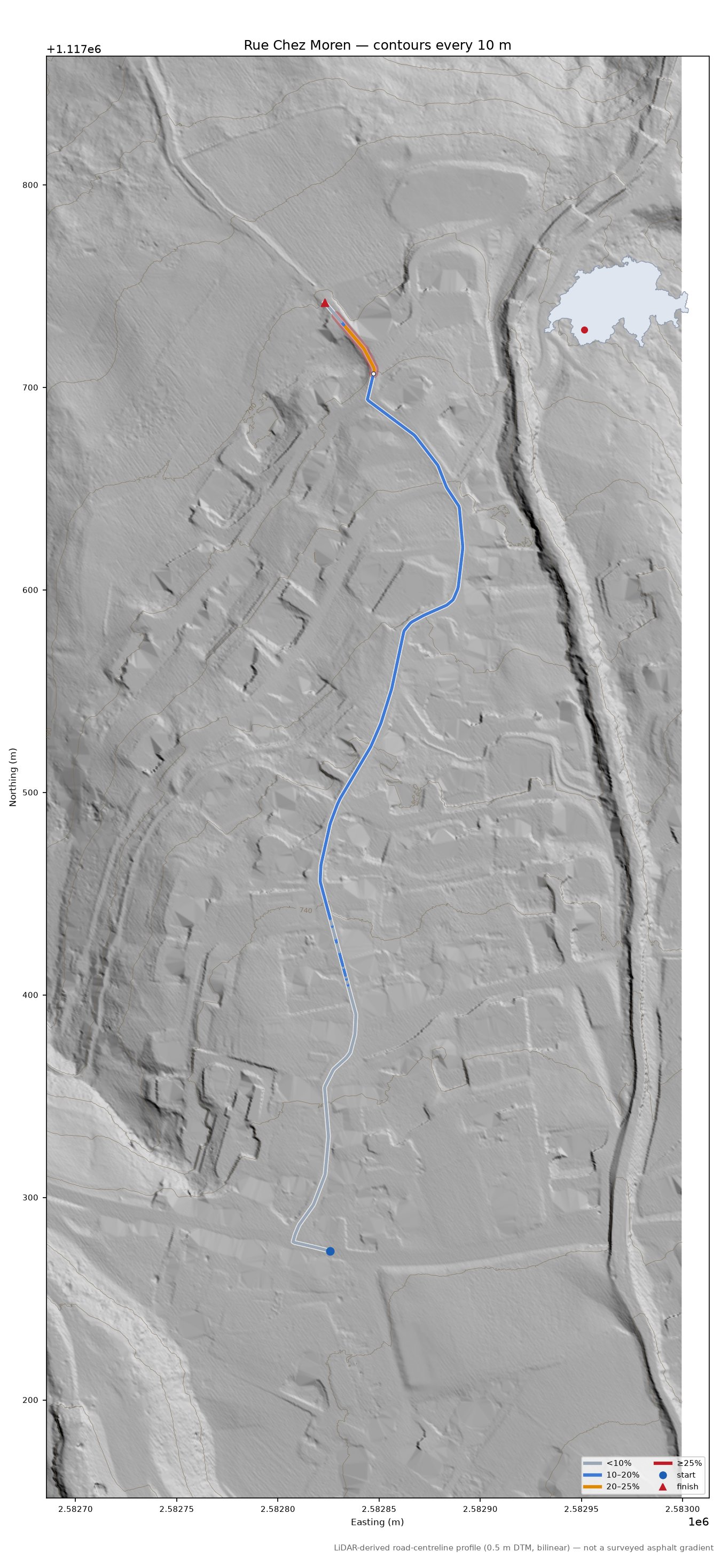Rue Chez Moren LiDAR hillshade map with contours
