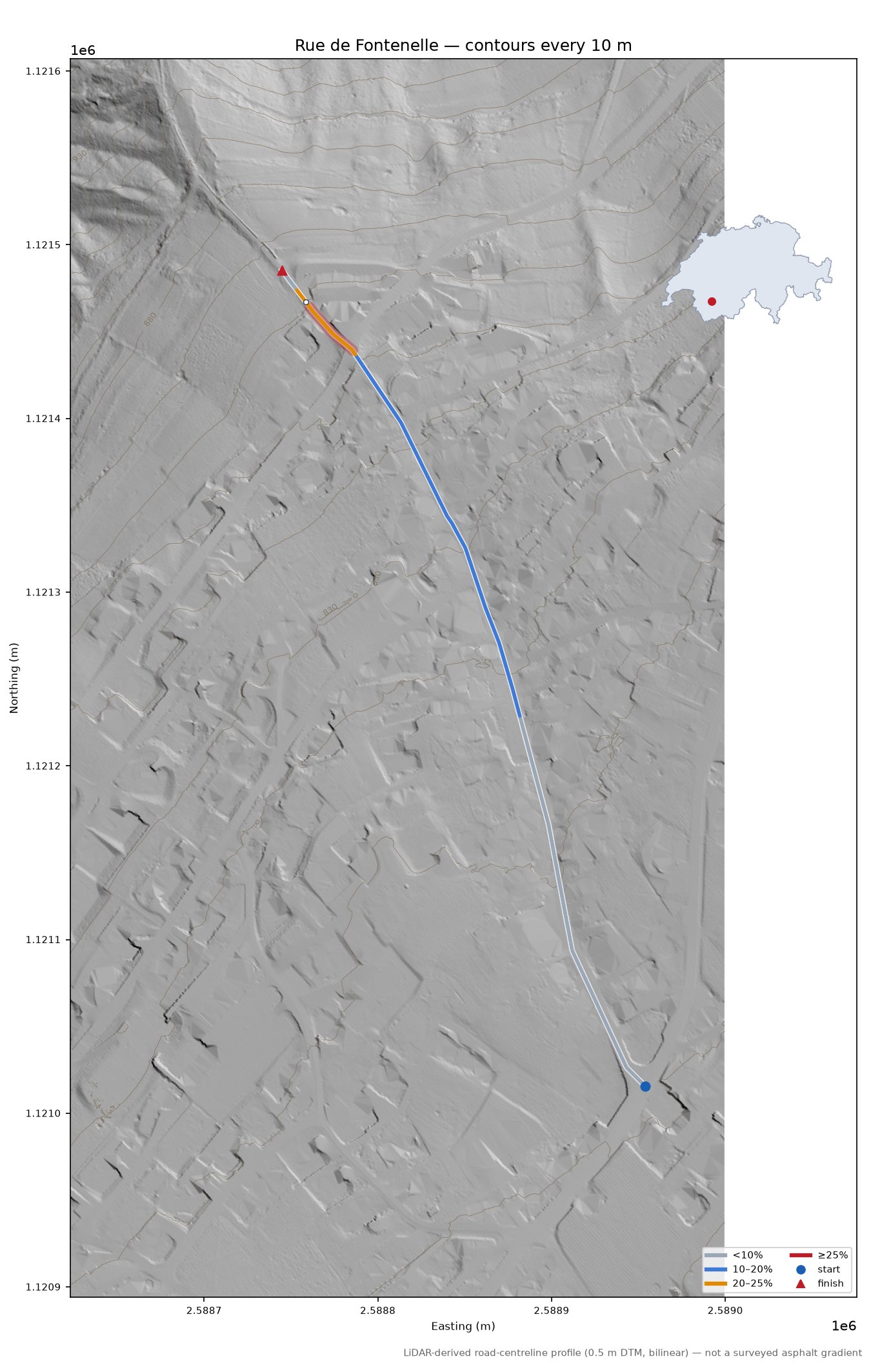 Rue de Fontenelle LiDAR hillshade map with contours