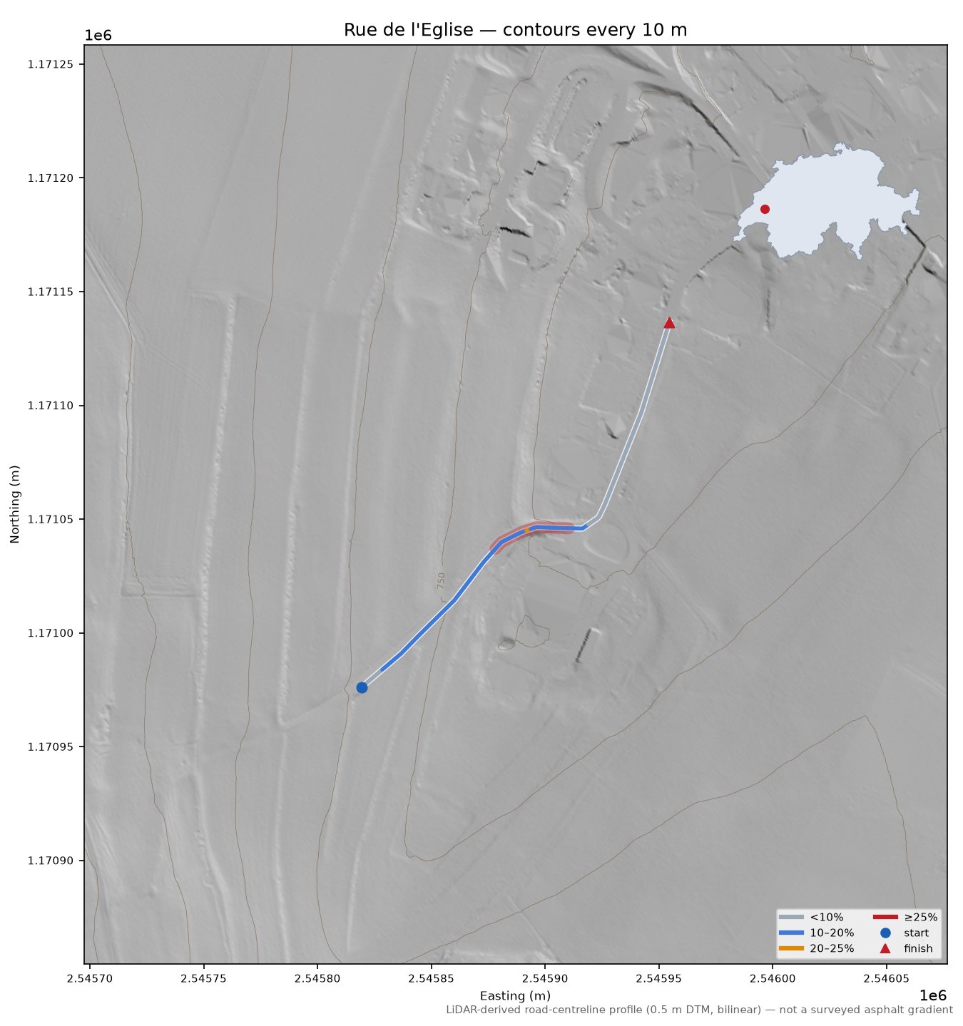 Rue de l'Eglise LiDAR hillshade map with contours