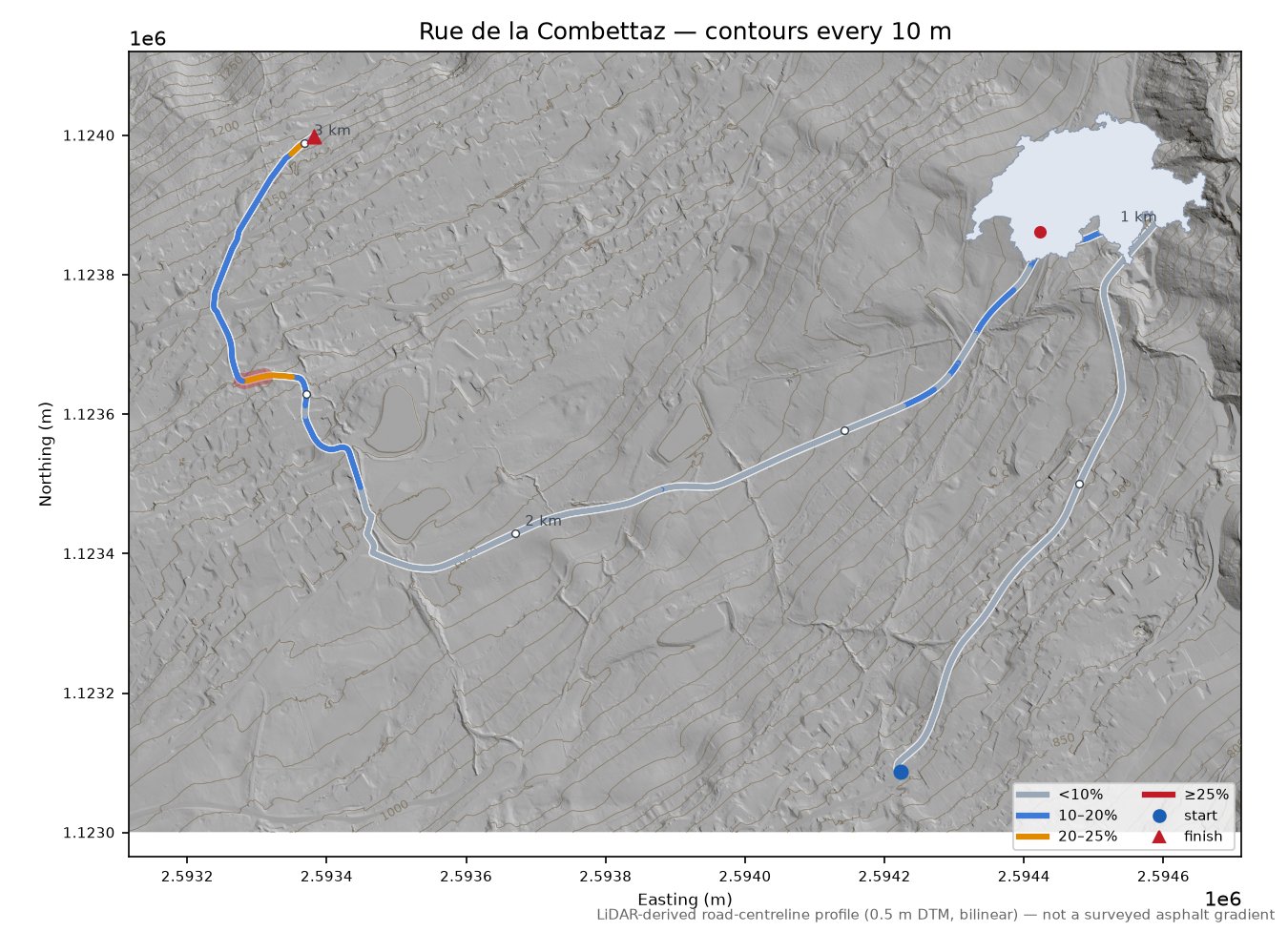 Rue de la Combettaz LiDAR hillshade map with contours