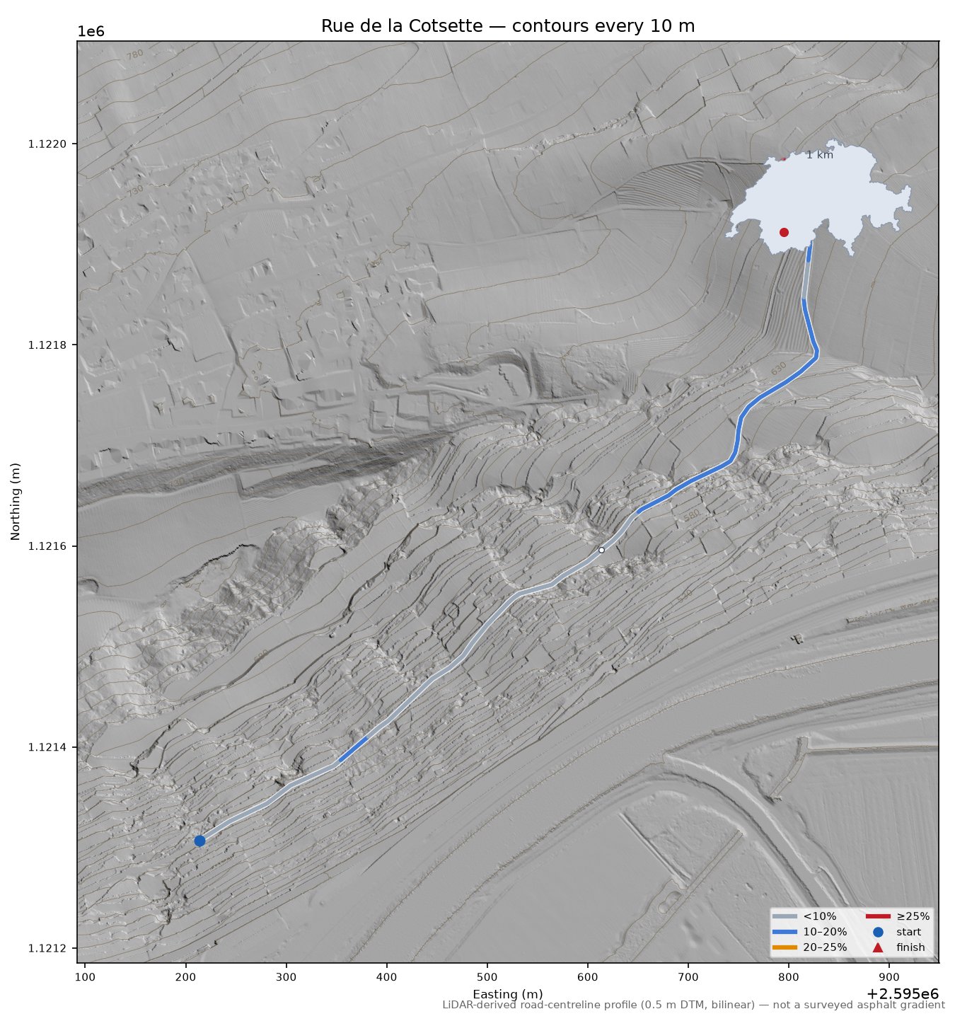 Rue de la Cotsette LiDAR hillshade map with contours