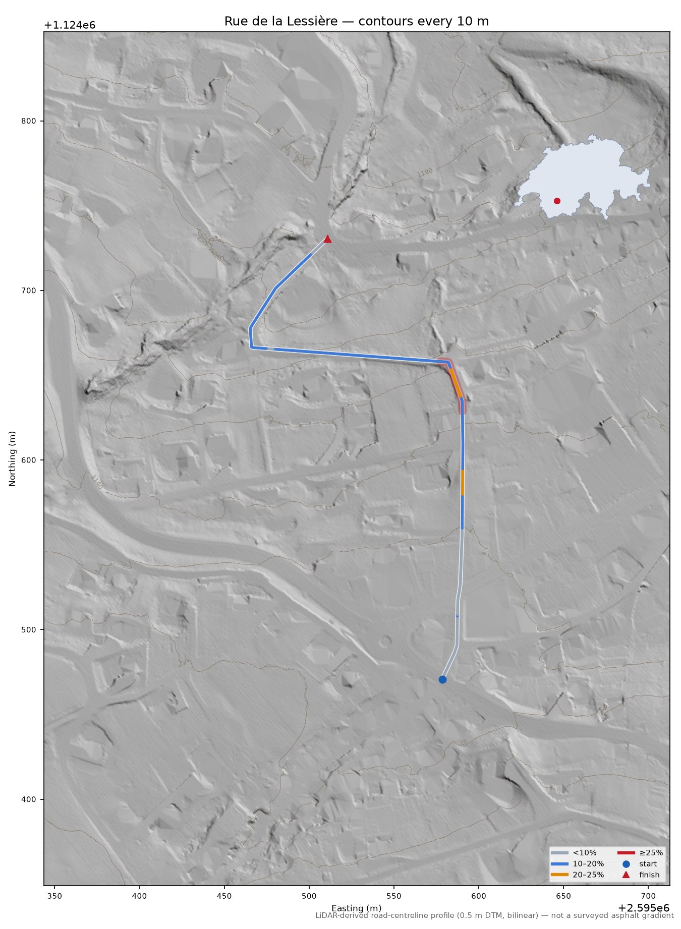 Rue de la Lessière LiDAR hillshade map with contours