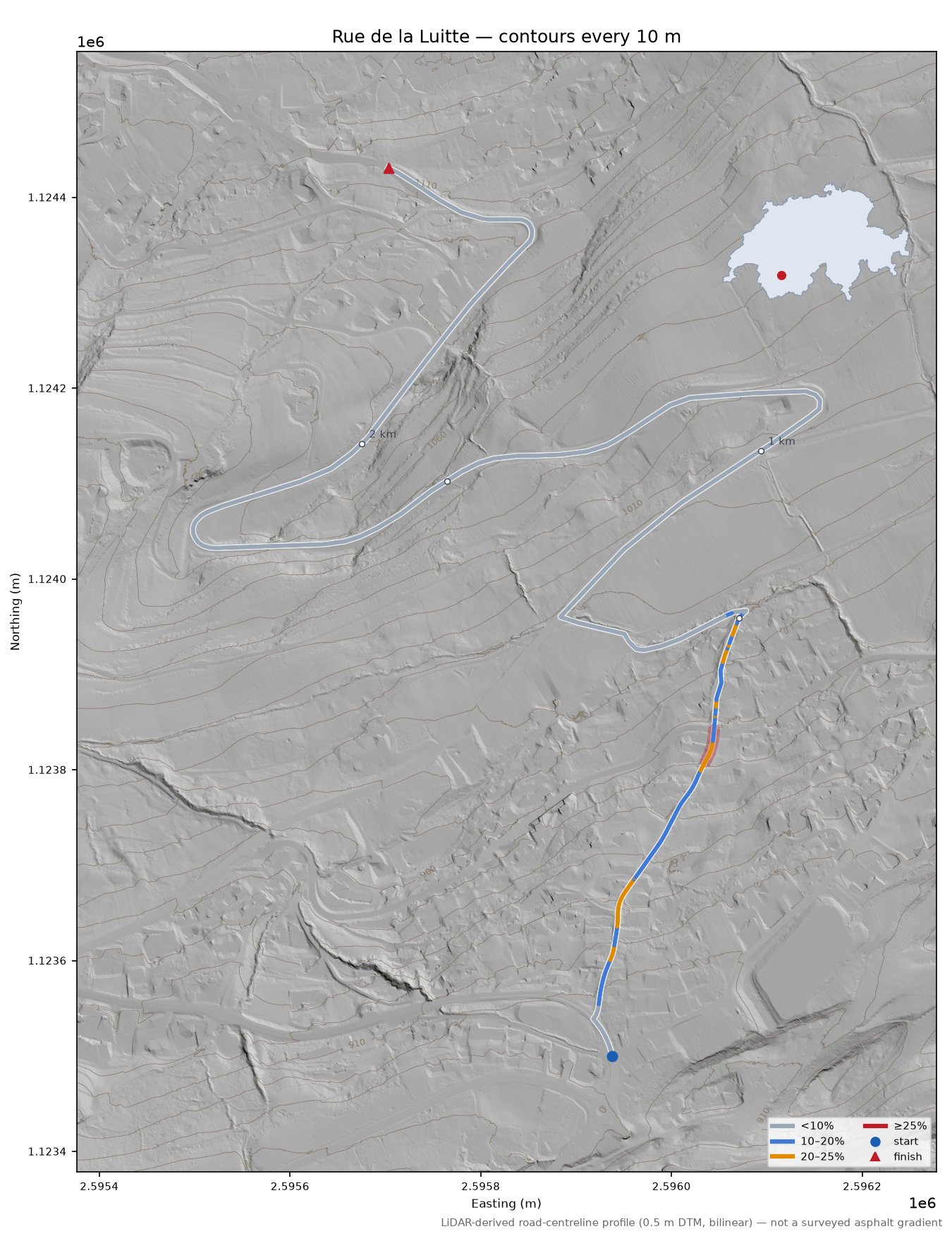 Rue de la Luitte LiDAR hillshade map with contours