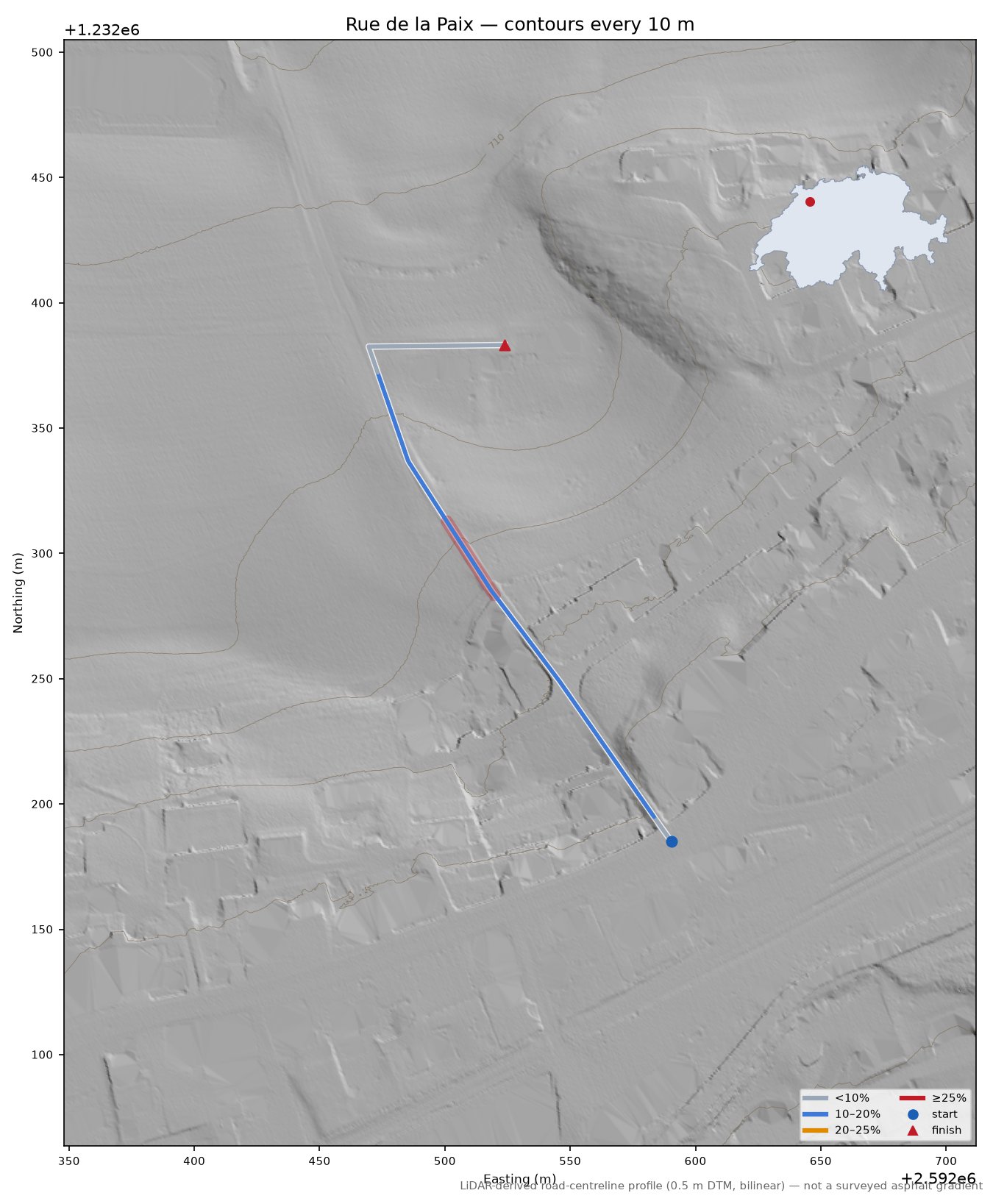 Rue de la Paix LiDAR hillshade map with contours