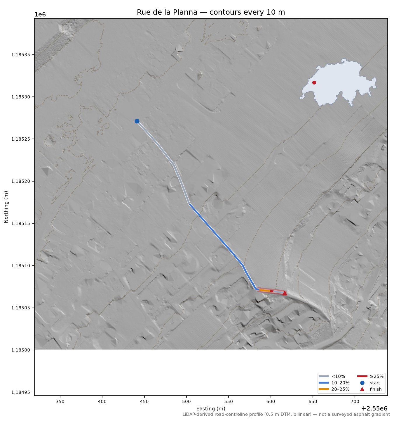 Rue de la Planna LiDAR hillshade map with contours