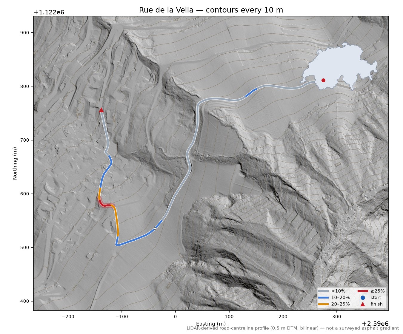 Rue de la Vella LiDAR hillshade map with contours