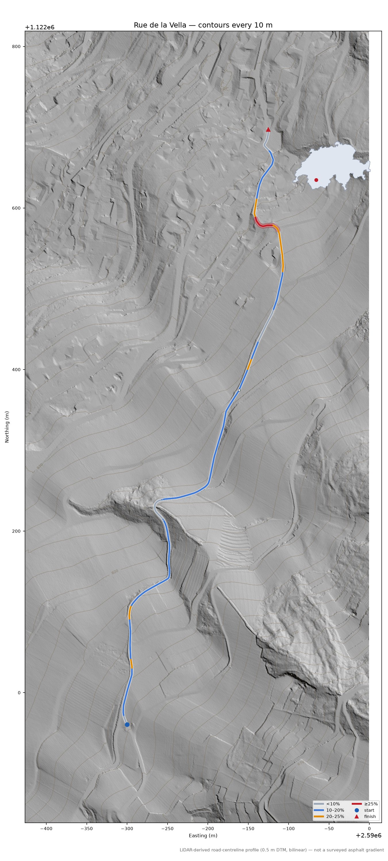 Rue de la Vella LiDAR hillshade map with contours