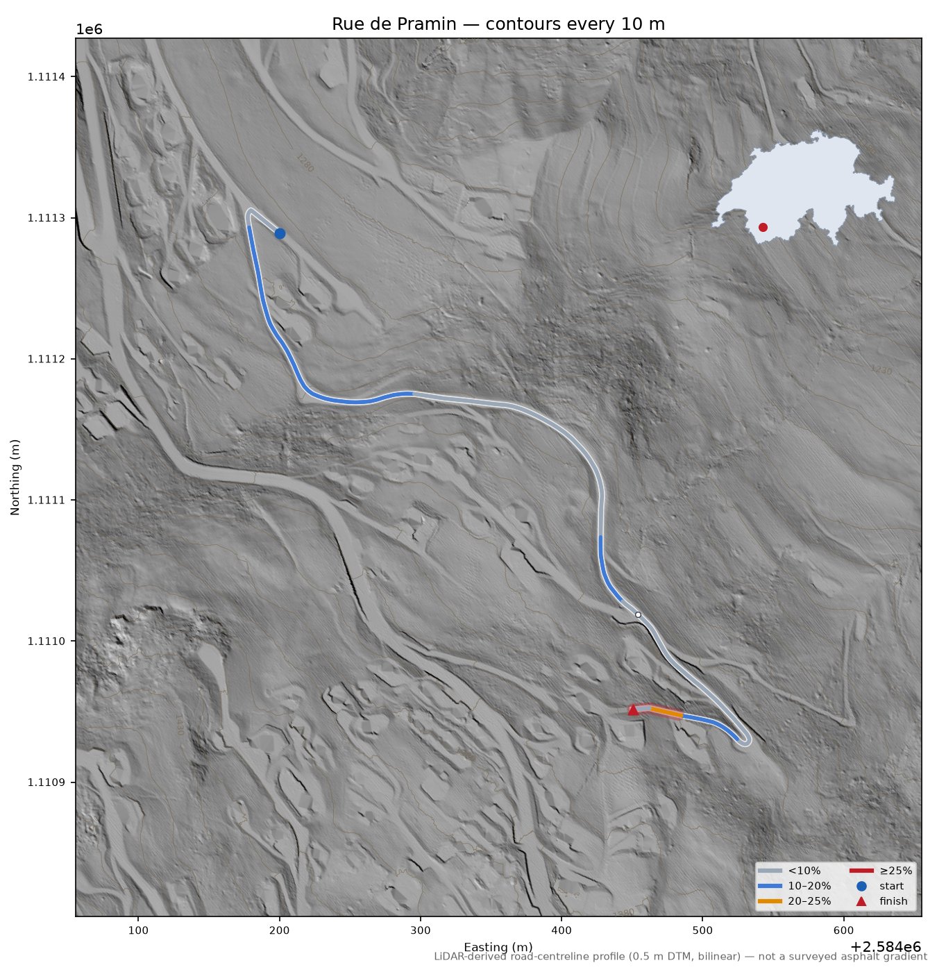 Rue de Pramin LiDAR hillshade map with contours