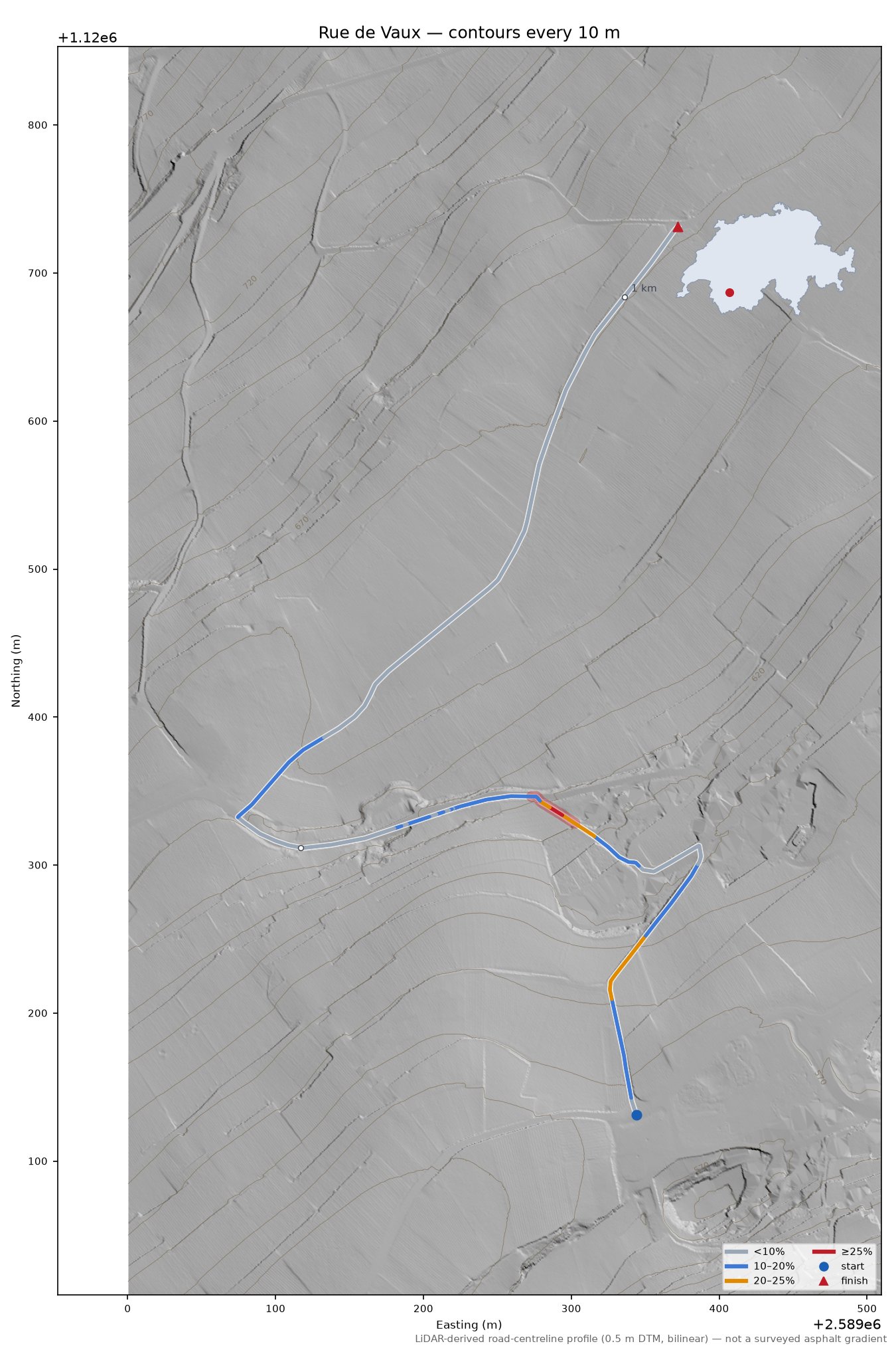 Rue de Vaux LiDAR hillshade map with contours
