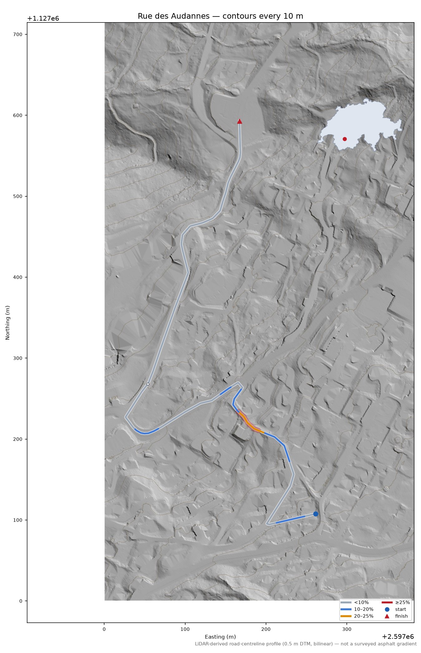 Rue des Audannes LiDAR hillshade map with contours