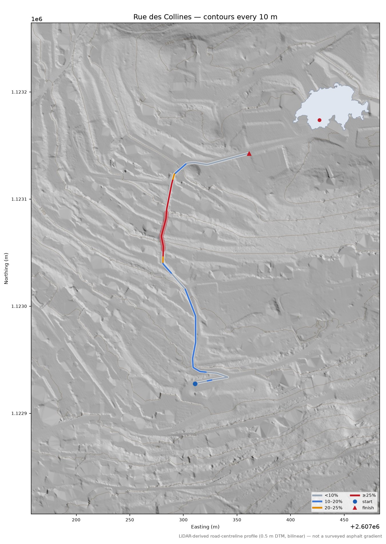 Rue des Collines LiDAR hillshade map with contours