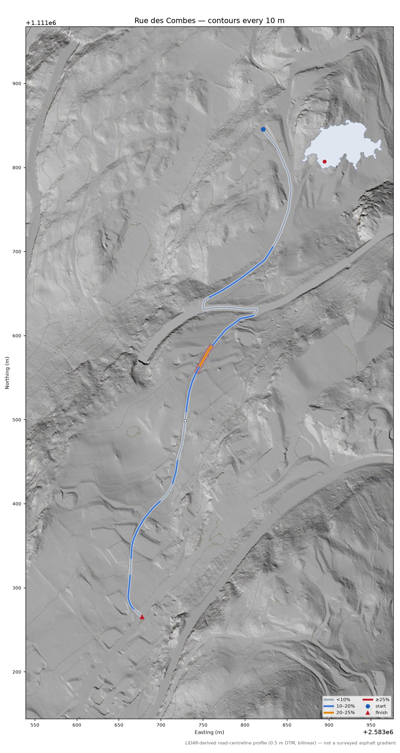 Rue des Combes LiDAR hillshade map with contours