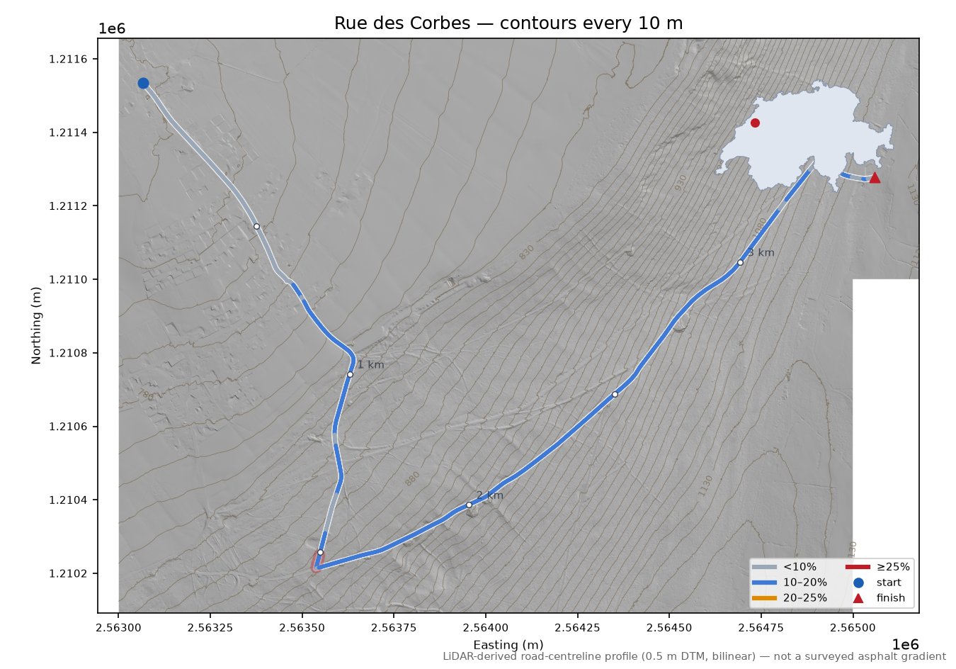 Rue des Corbes LiDAR hillshade map with contours