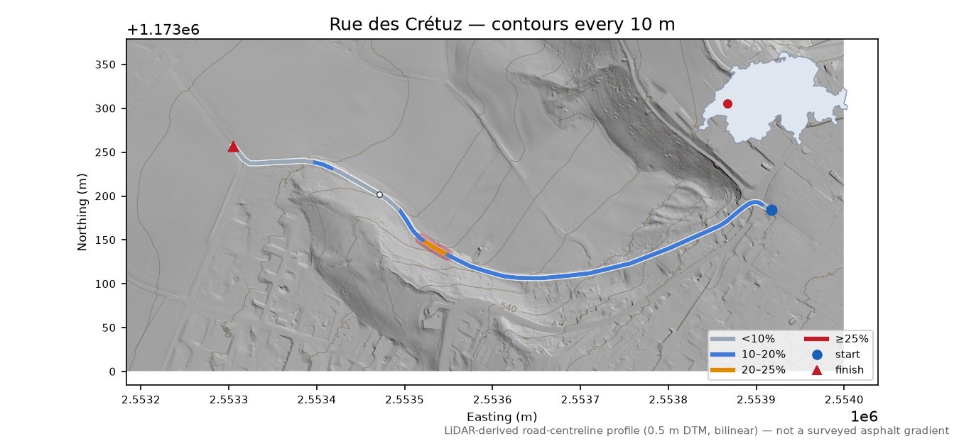 Rue des Crétuz LiDAR hillshade map with contours