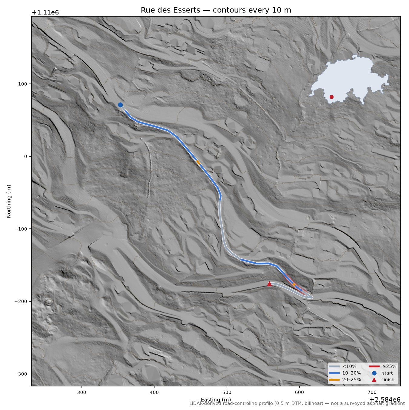 Rue des Esserts LiDAR hillshade map with contours