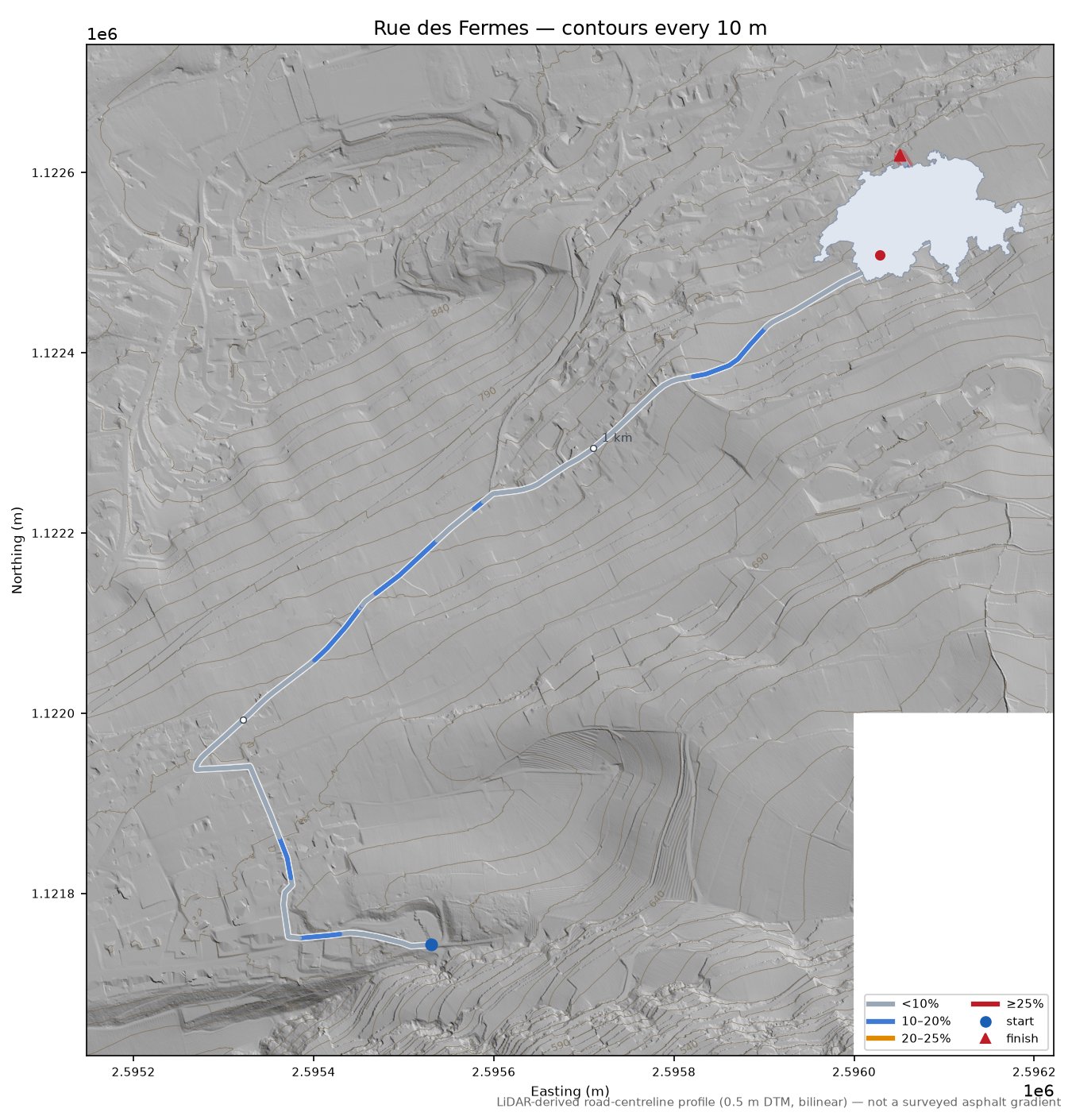 Rue des Fermes LiDAR hillshade map with contours
