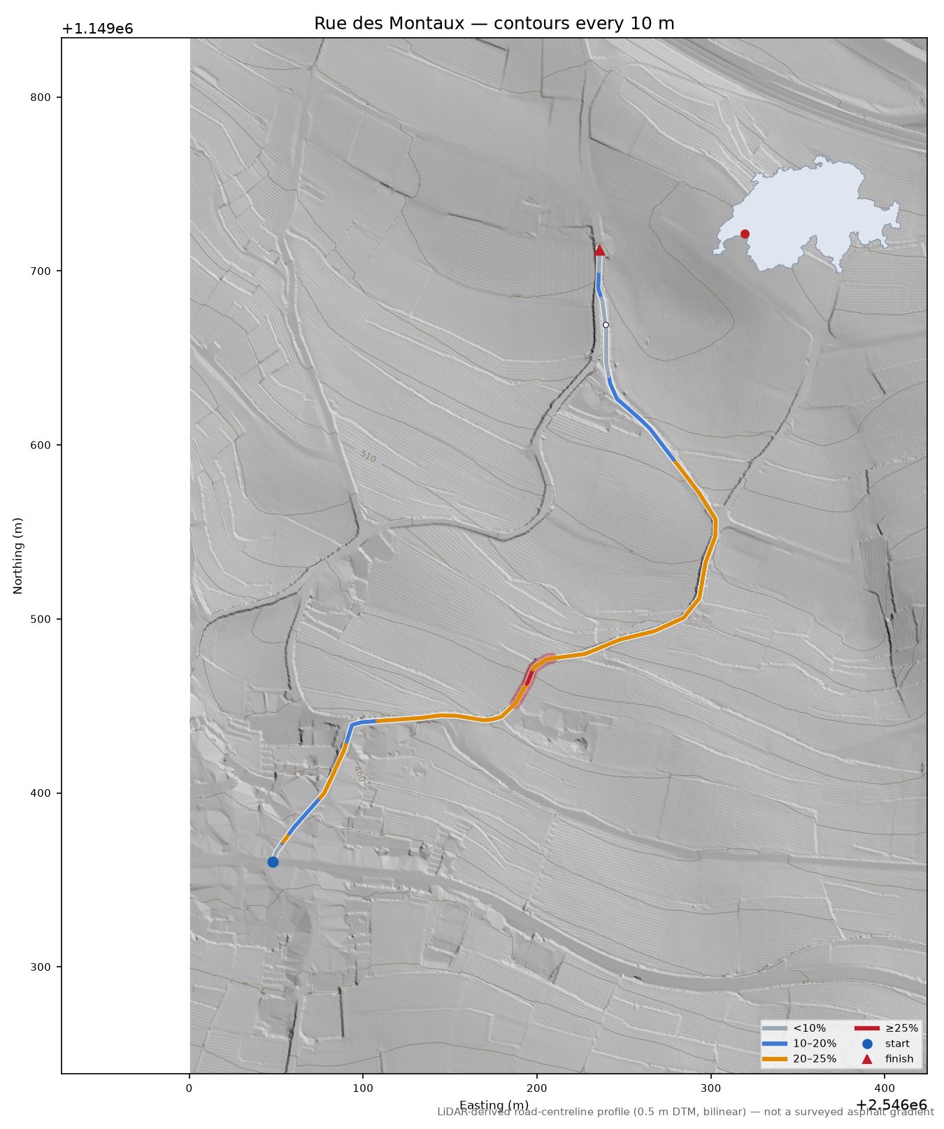 Rue des Montaux LiDAR hillshade map with contours