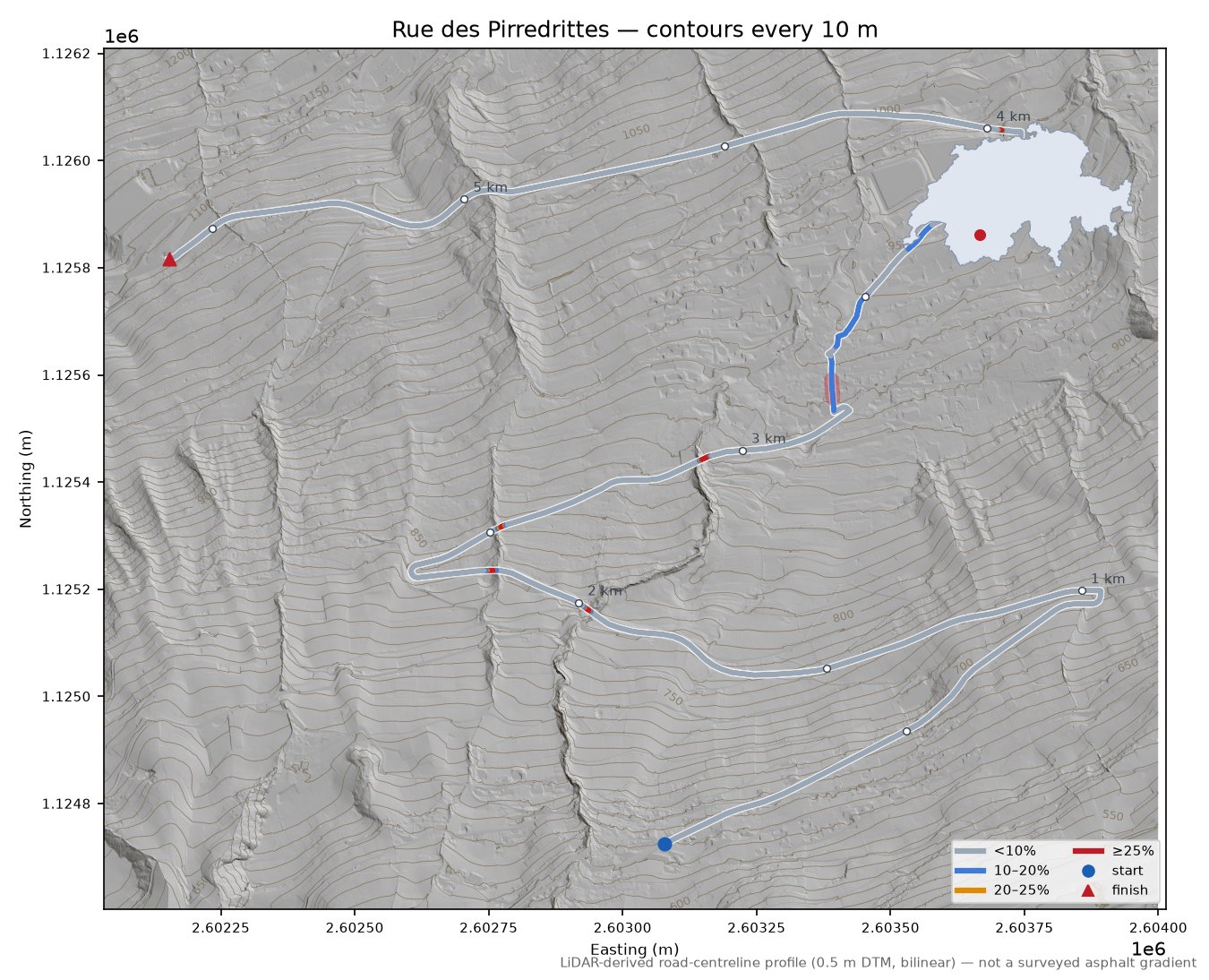 Rue des Pirredrittes LiDAR hillshade map with contours