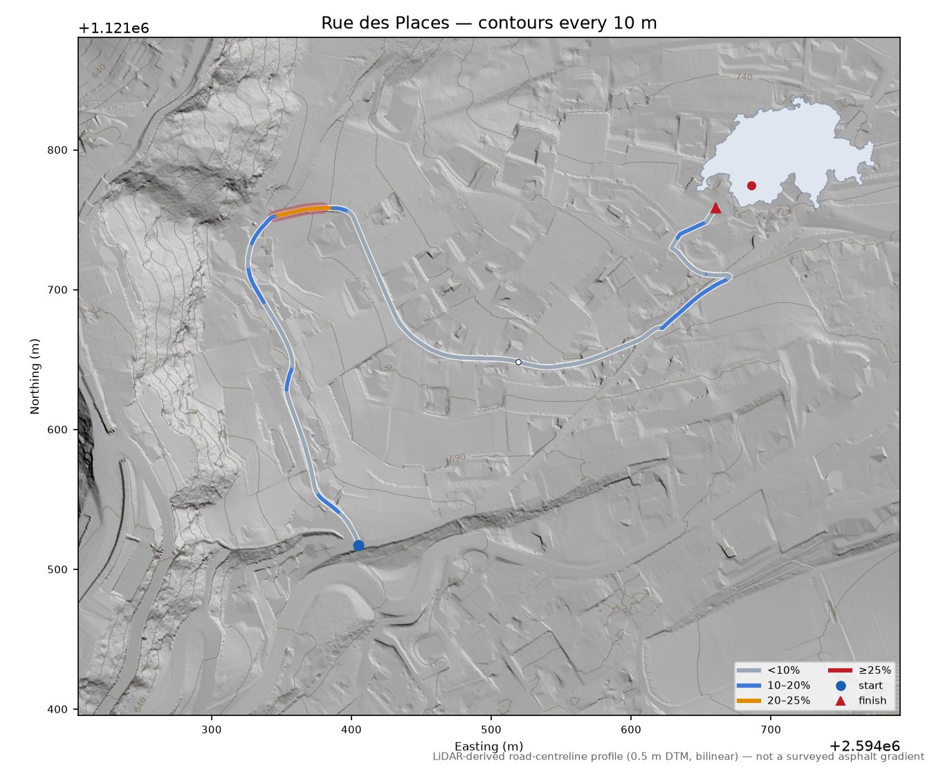 Rue des Places LiDAR hillshade map with contours