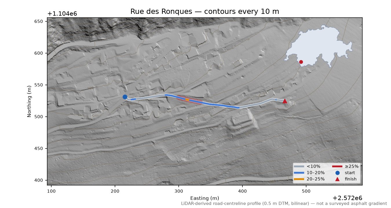 Rue des Ronques LiDAR hillshade map with contours