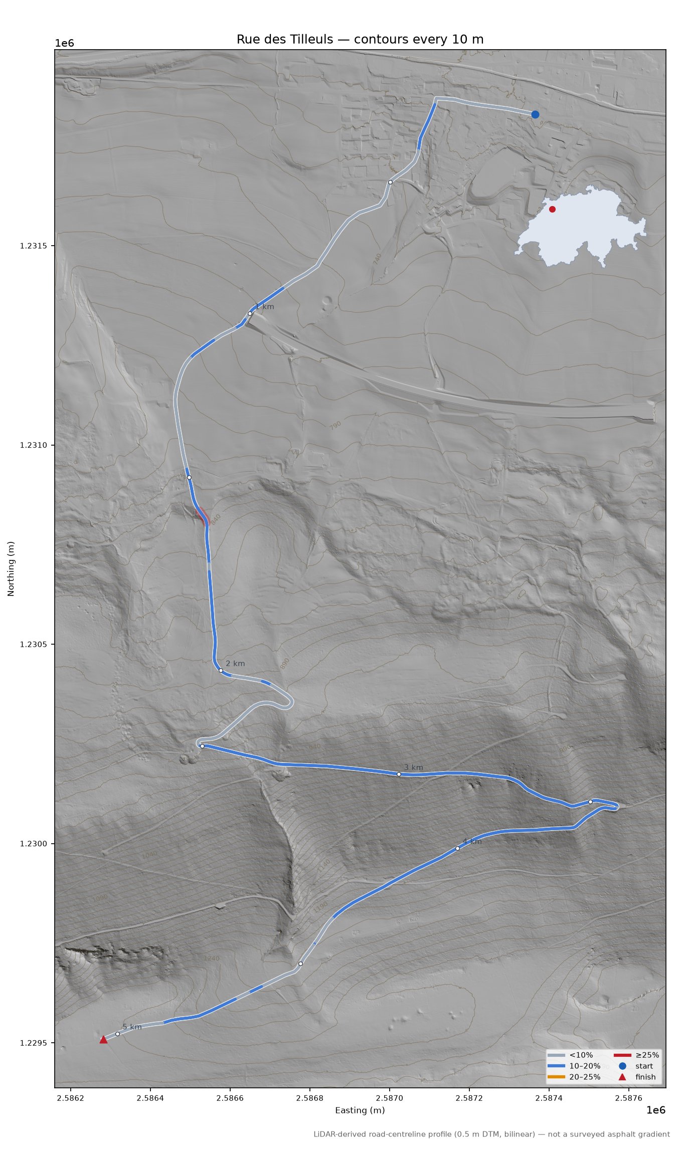 Rue des Tilleuls LiDAR hillshade map with contours
