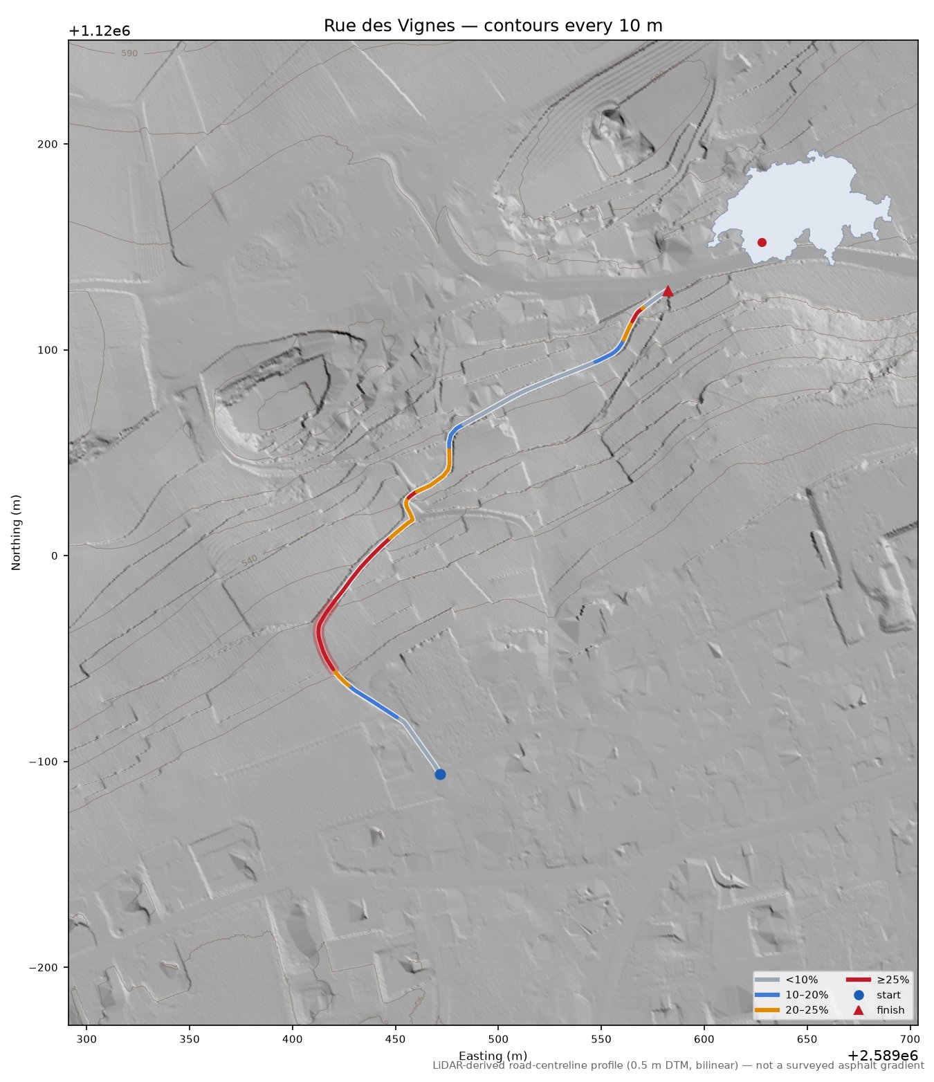 Rue des Vignes LiDAR hillshade map with contours