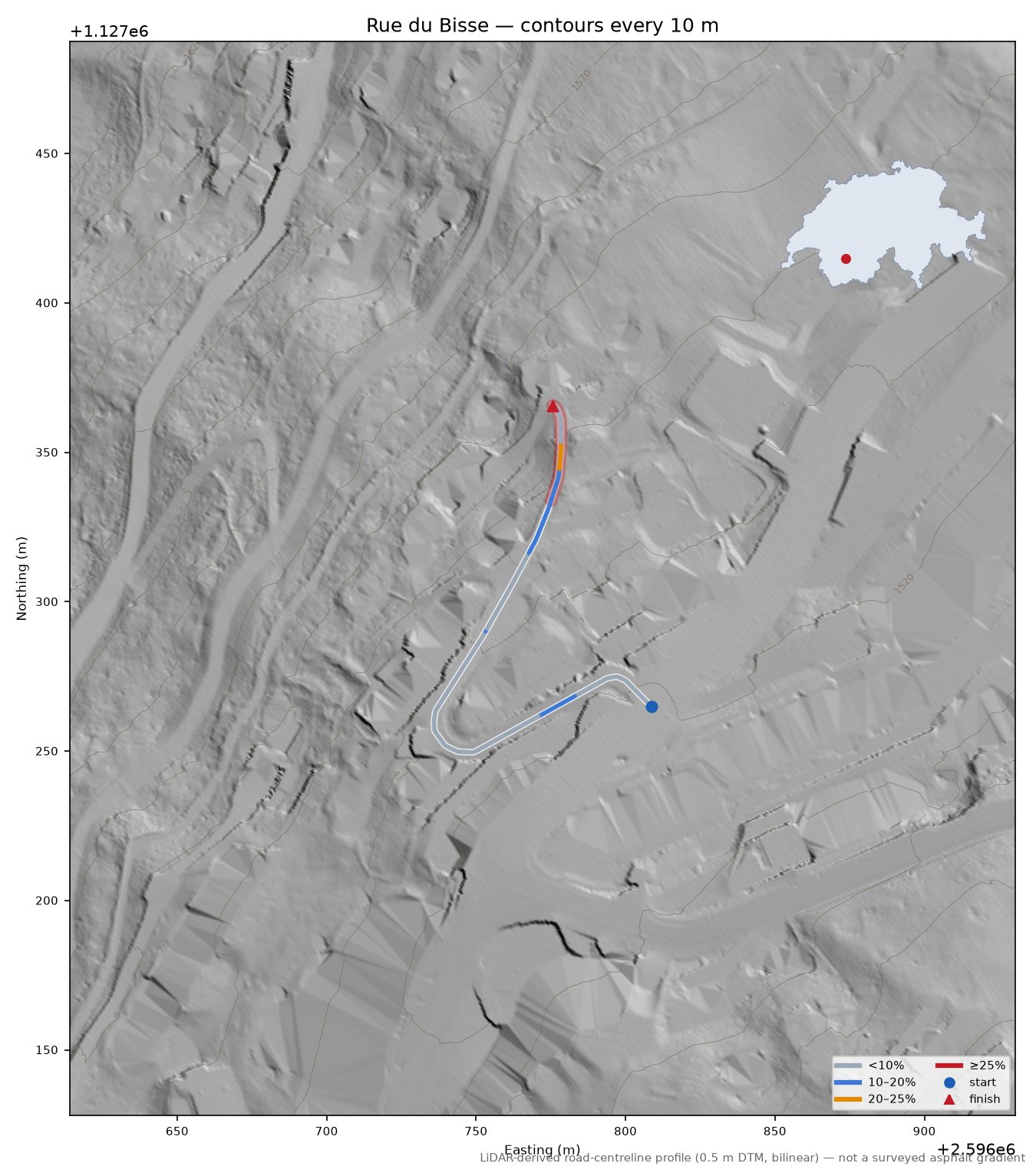Rue du Bisse LiDAR hillshade map with contours