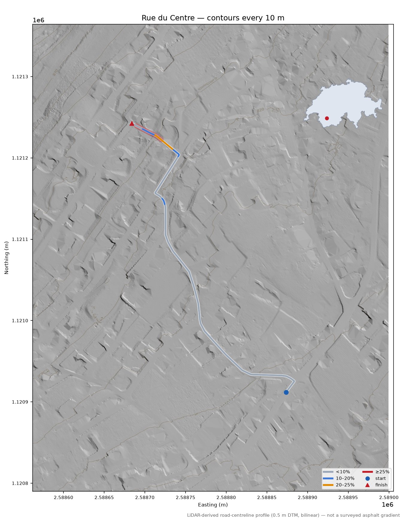 Rue du Centre LiDAR hillshade map with contours