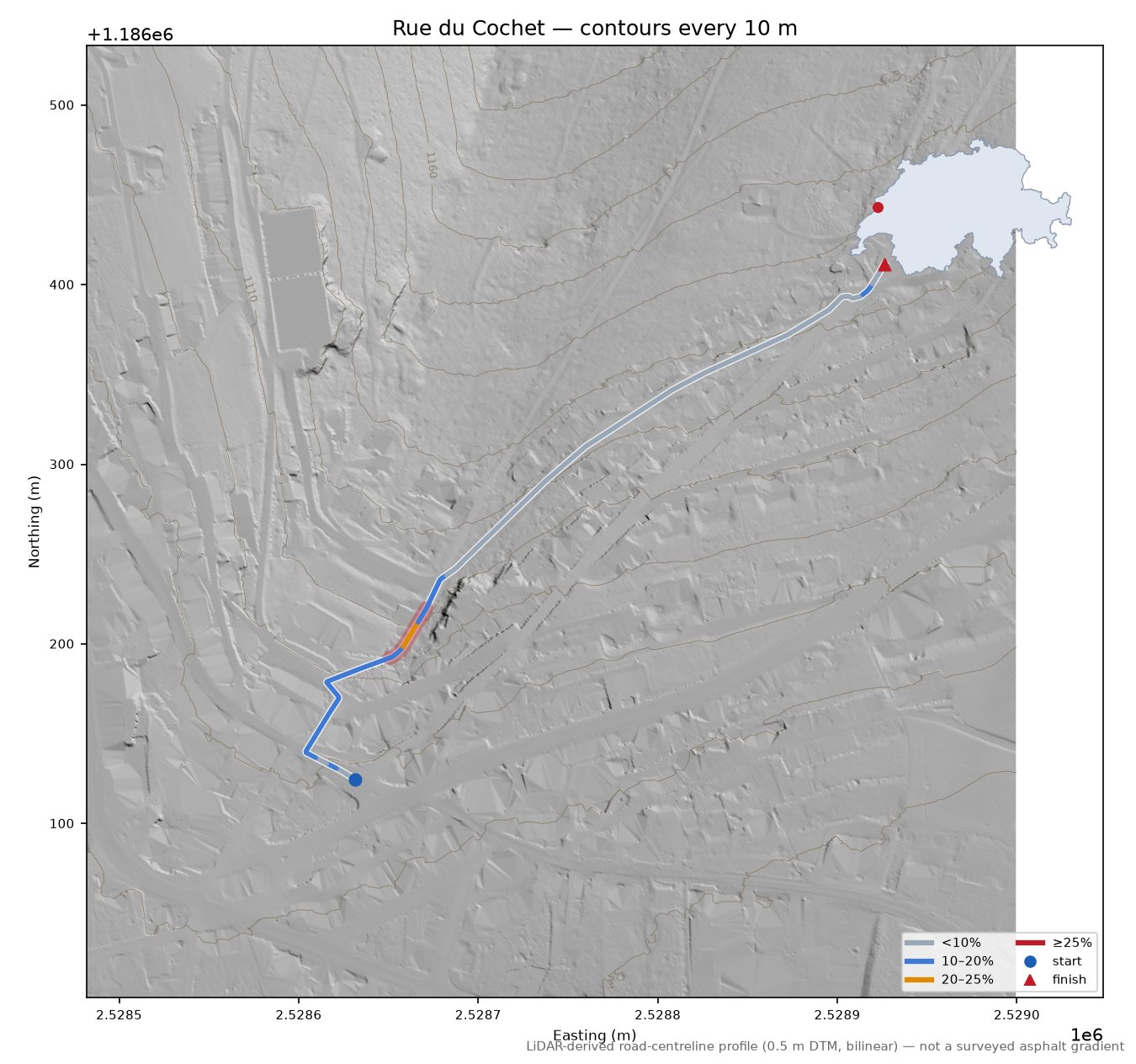 Rue du Cochet LiDAR hillshade map with contours