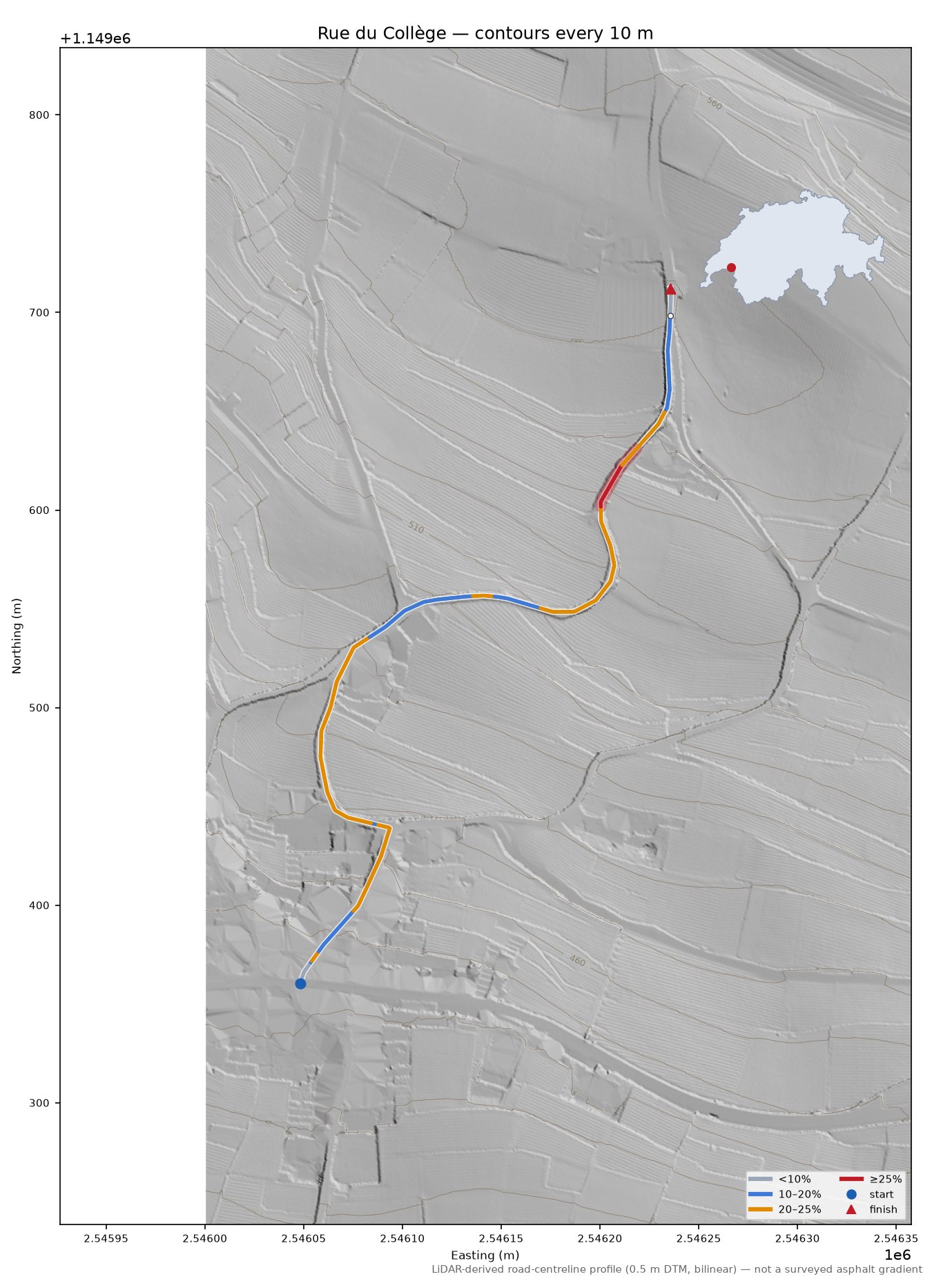 Rue du Collège LiDAR hillshade map with contours