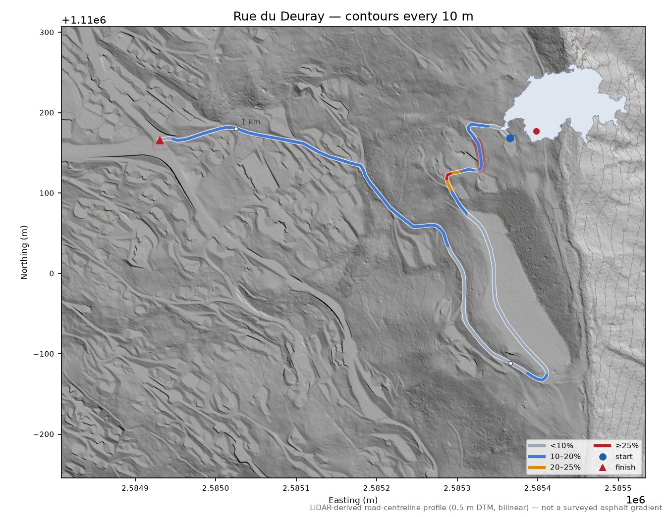 Rue du Deuray LiDAR hillshade map with contours