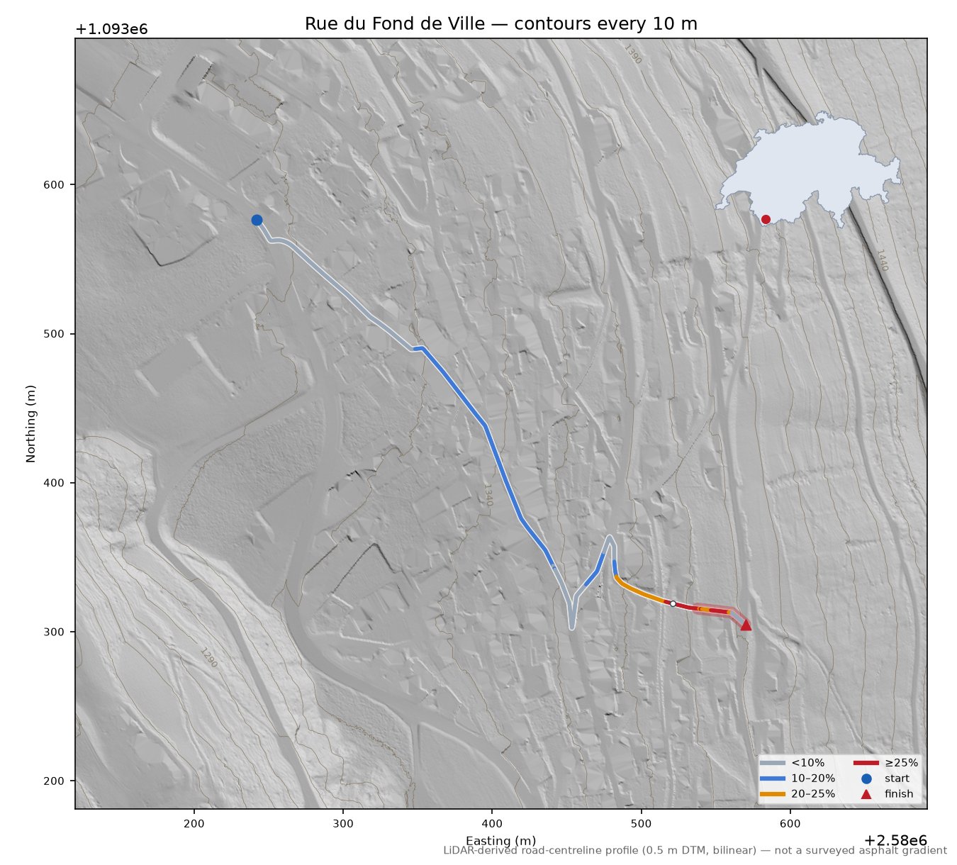Rue du Fond de Ville LiDAR hillshade map with contours