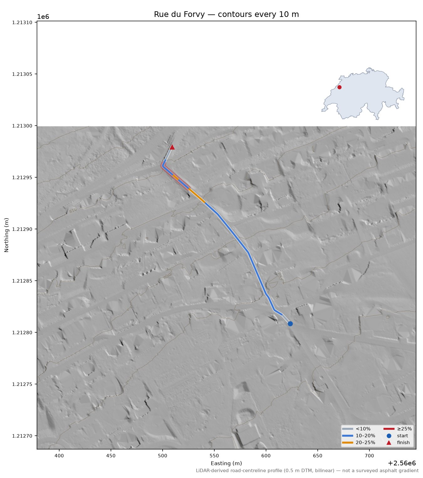 Rue du Forvy LiDAR hillshade map with contours