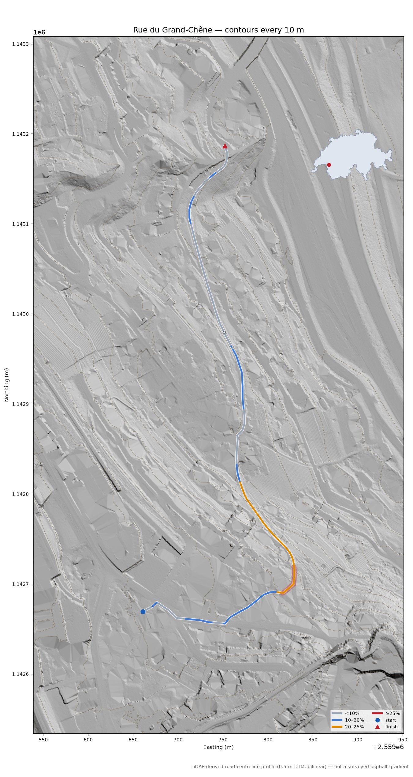 Rue du Grand-Chêne LiDAR hillshade map with contours