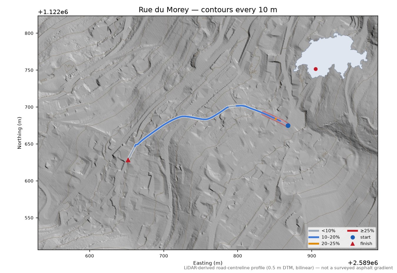 Rue du Morey LiDAR hillshade map with contours