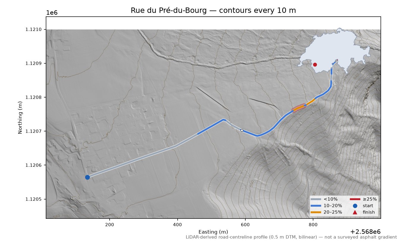 Rue du Pré-du-Bourg LiDAR hillshade map with contours