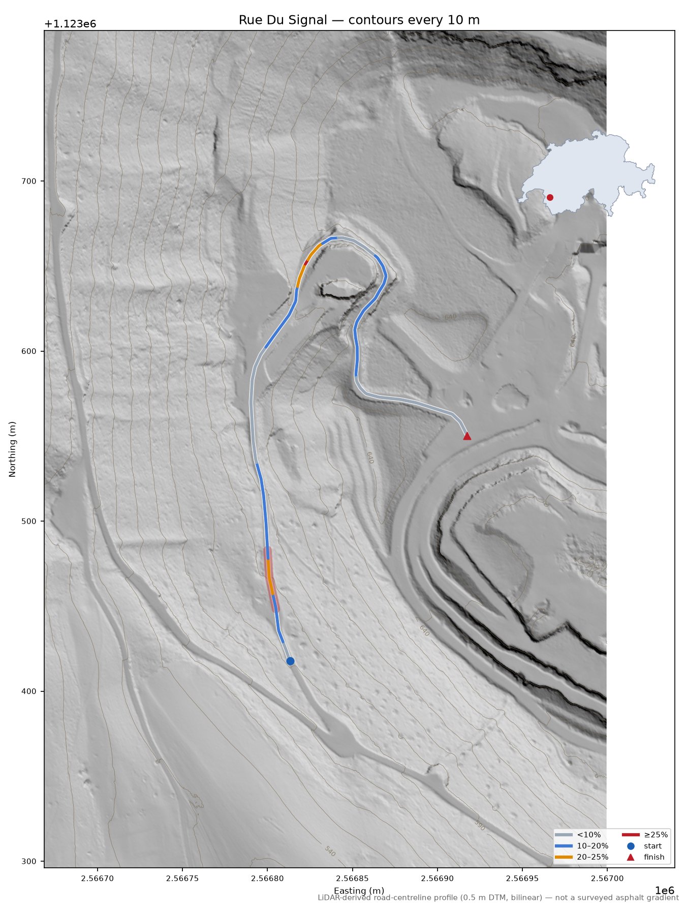 Rue Du Signal LiDAR hillshade map with contours