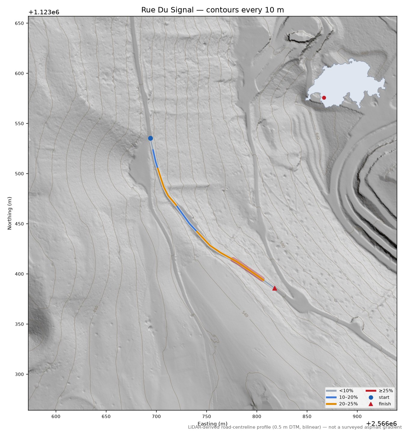 Rue Du Signal LiDAR hillshade map with contours